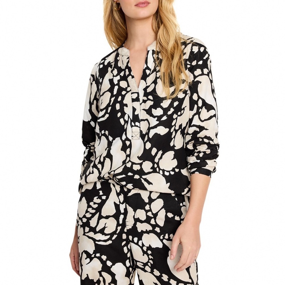 NIC+ZOE Evening‎ Petal Top Black Multi Linen Blend Blouse S251640 Womens Small